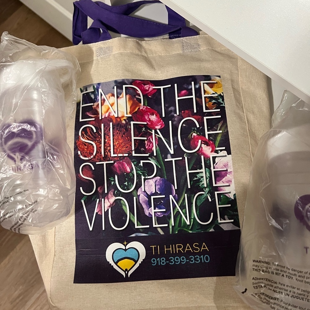“End The Silence, Stop The Violence” Floral Canvas Tote Bag with Purple Handles